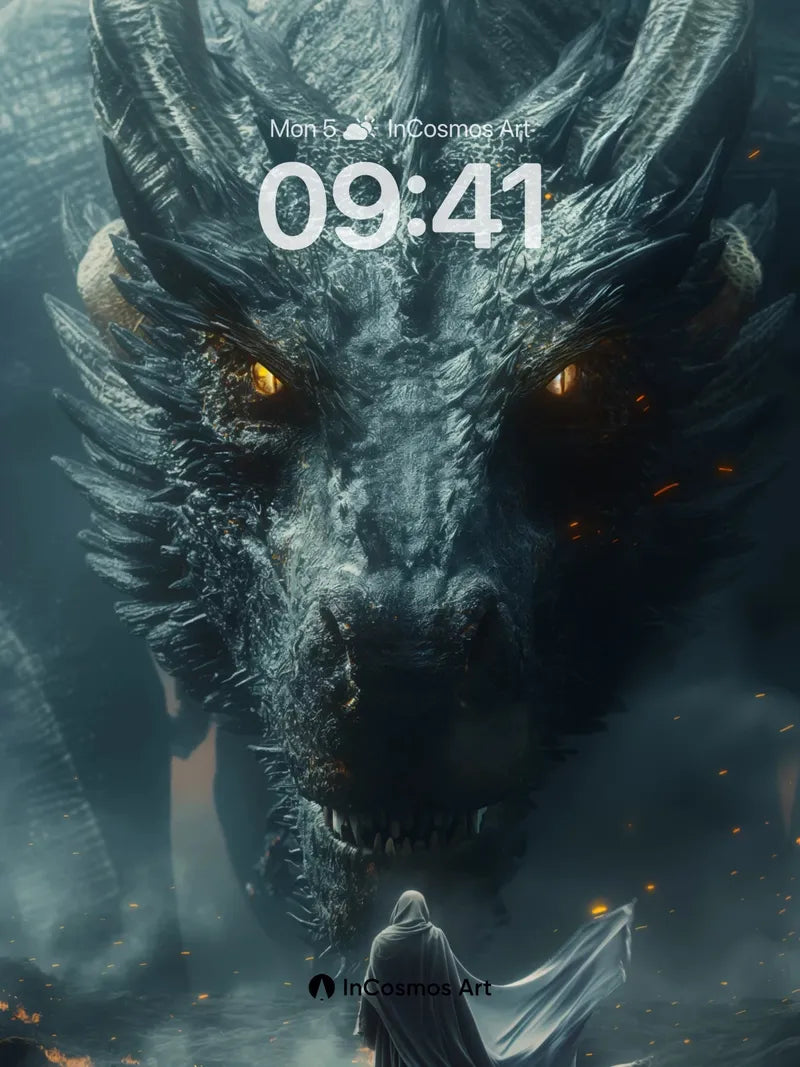 Ethereal Dragon Confrontation Wallpaper with Cloaked Figure