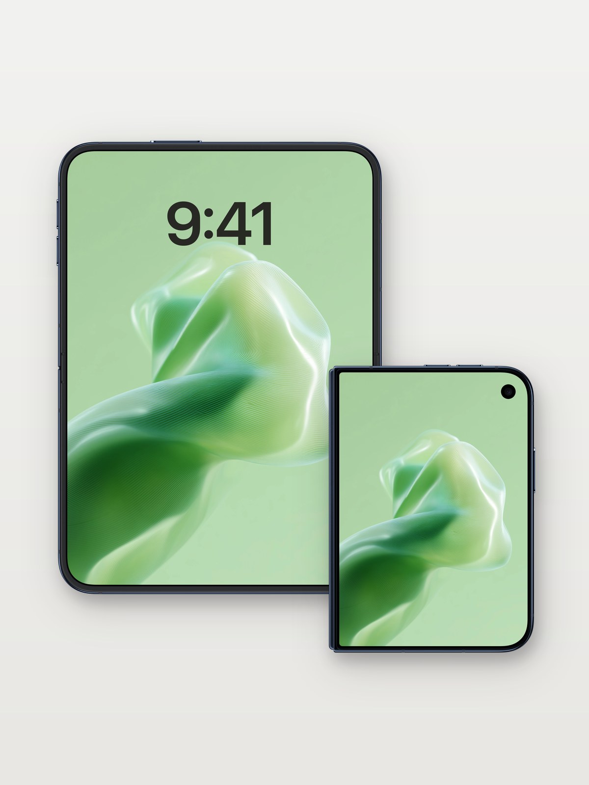 Luminous Veil Wallpaper with Ethereal Flow on iPhone Duo, open and closed