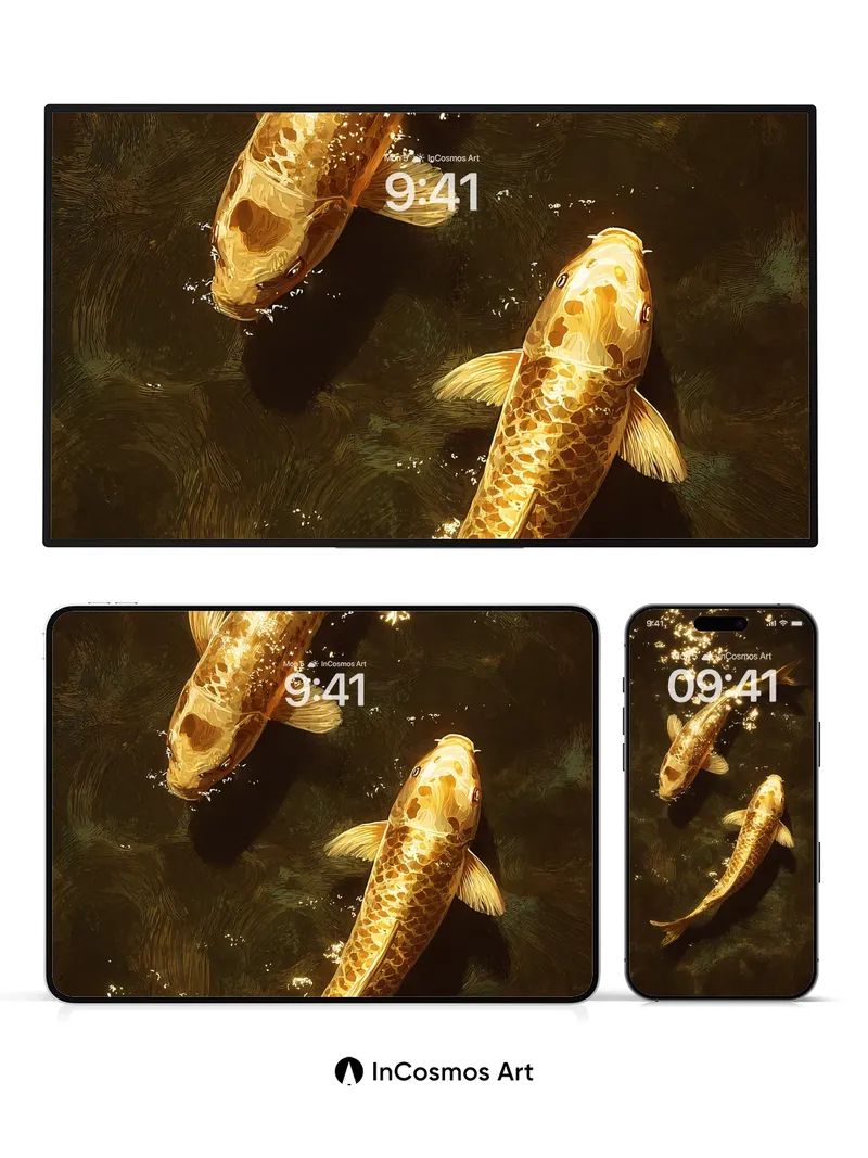 Golden Reverie Wallpaper with Koi Reflections