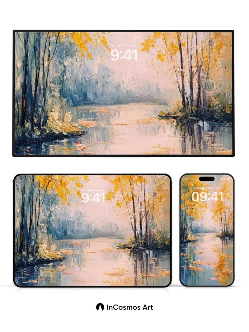 Golden Hush Wallpaper with Floating Leaves