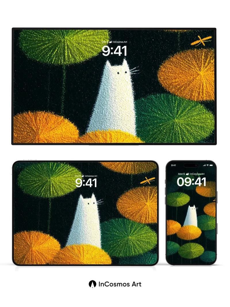 Luminous Pond Wallpaper with Floating Cat