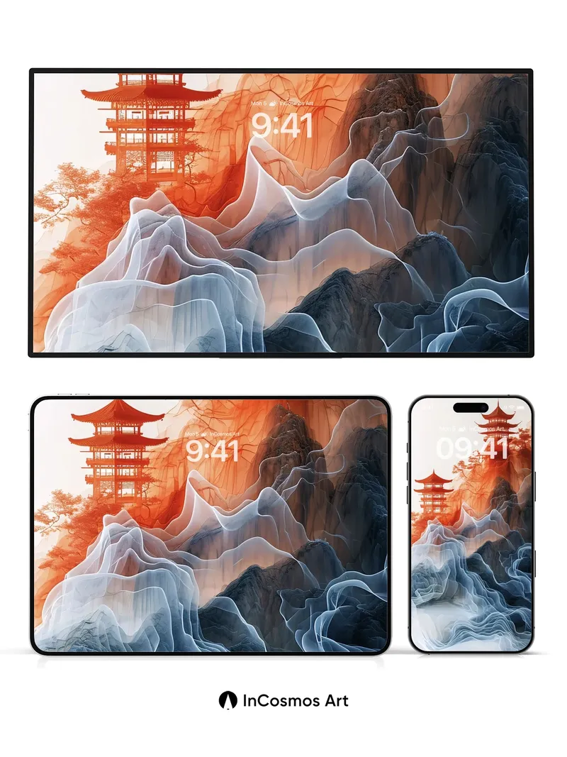 Serenity Frost Wallpaper with Floating Pagodas