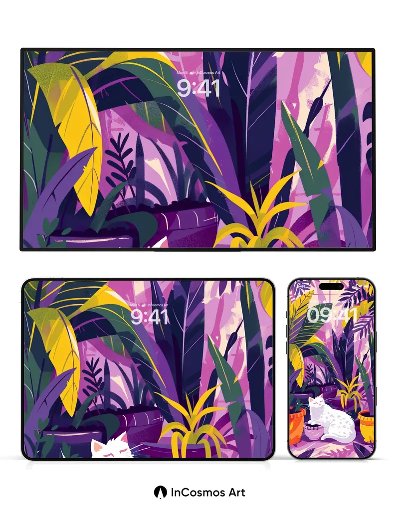 Lush Velvet Jungle Wallpaper with Feline Stillness