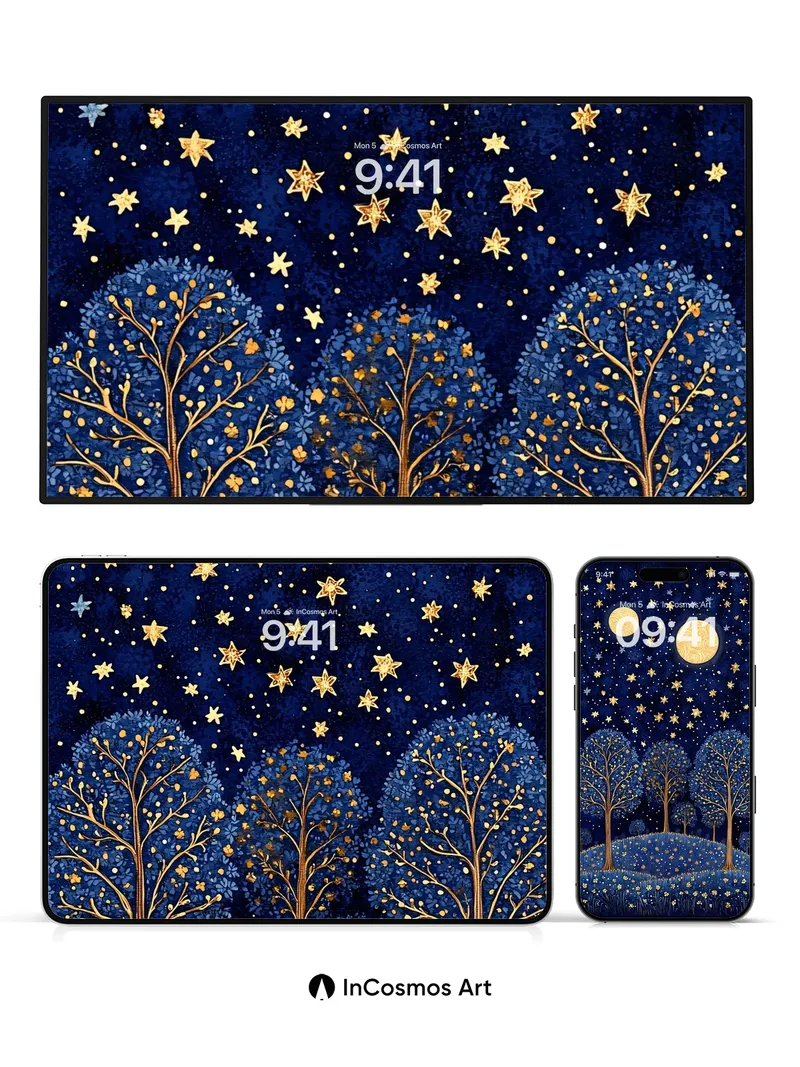 Celestial Forest Wallpaper with Golden Moons