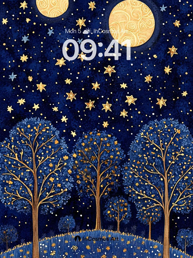 Celestial Forest Wallpaper with Golden Moons