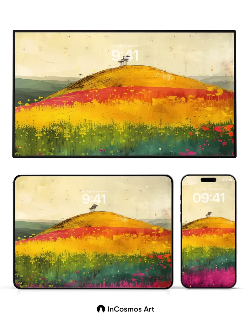 Rainbow Hillside Wallpaper with Whispering Flowers