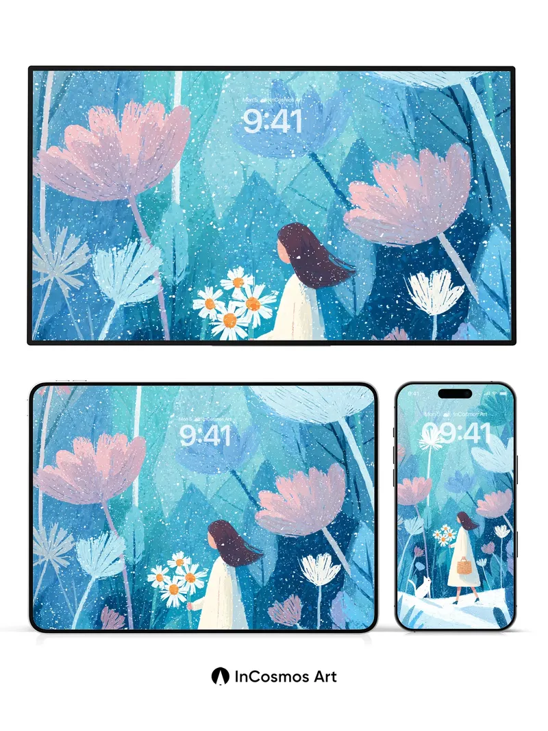 Winter Garden Wallpaper with Floating Flowers