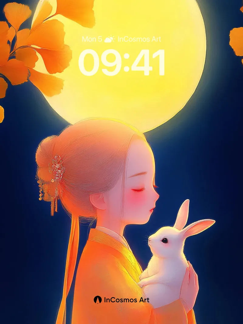 Lunar Serenity Wallpaper with Gilded Leaves wallpaper for iPhone, iPad & Mac