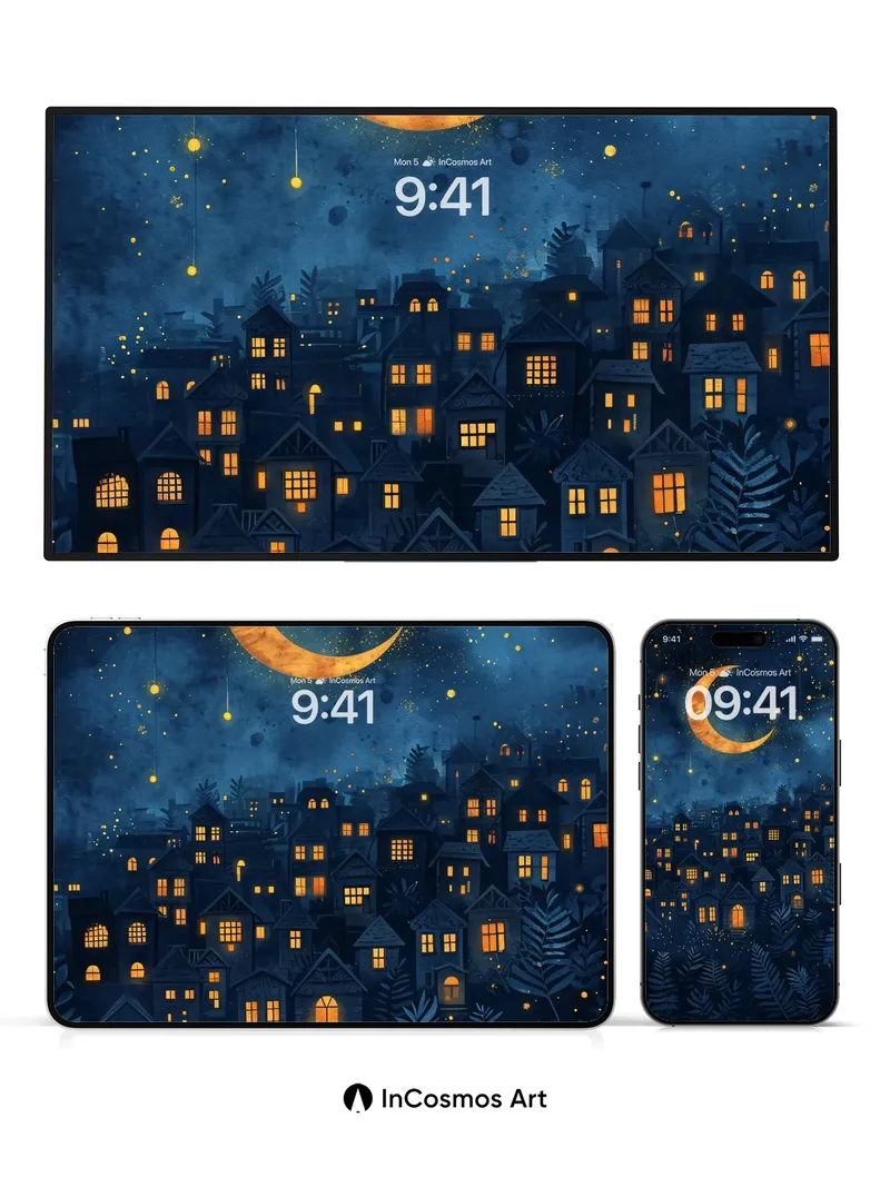 Luminous Night Village Wallpaper with Floating Stars