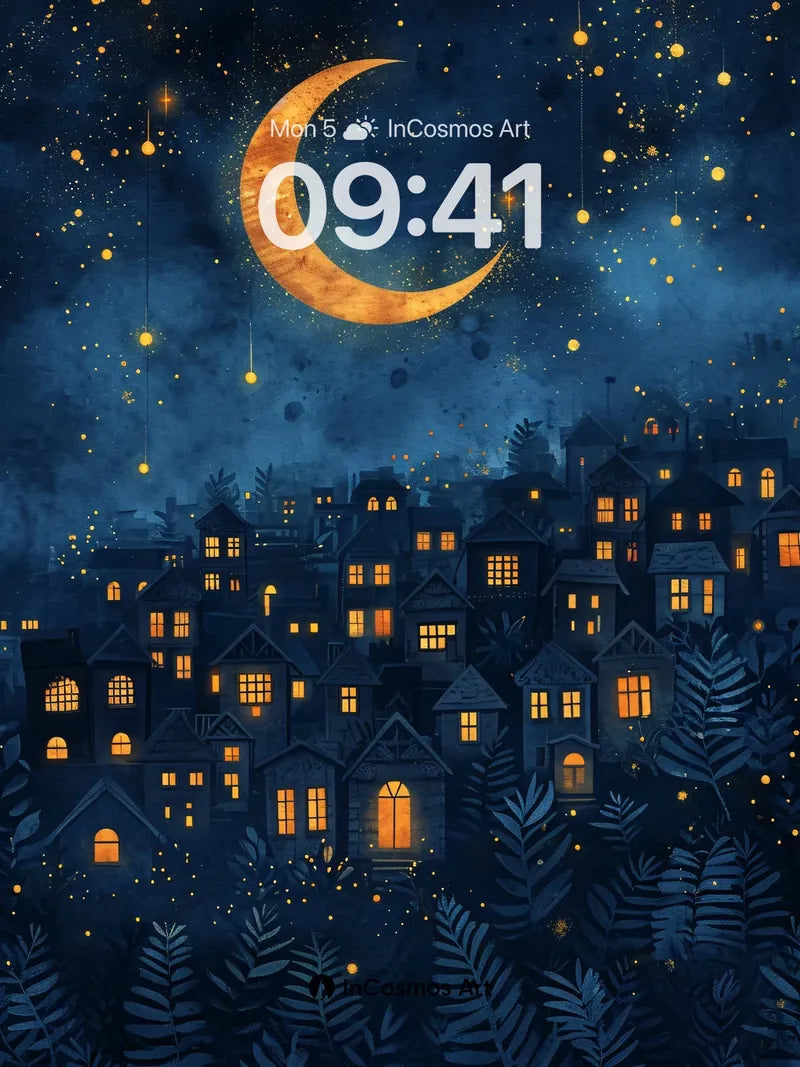 Luminous Night Village Wallpaper with Floating Stars