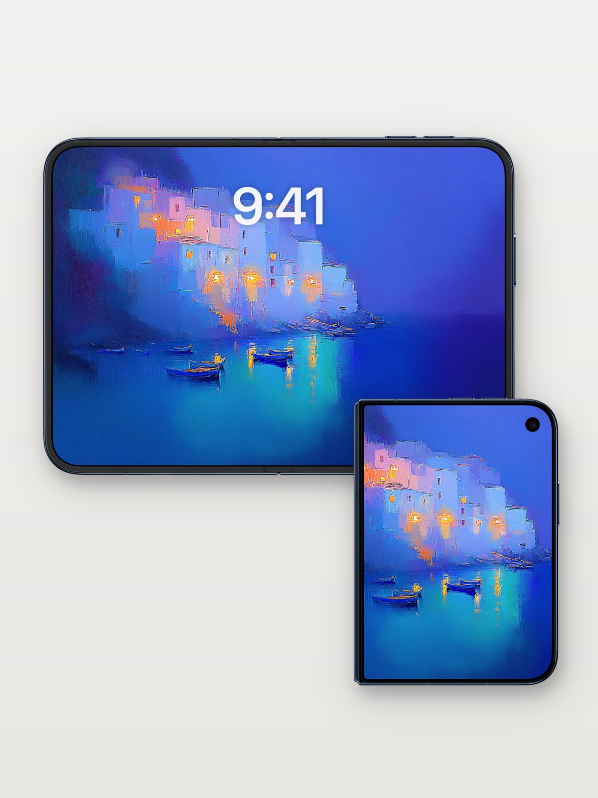 Cobalt Hush Wallpaper with Floating Light on iPhone Duo, open and closed