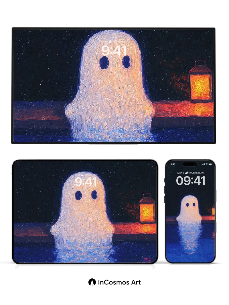 Luminous Ghost Wallpaper with Warm Lantern Light