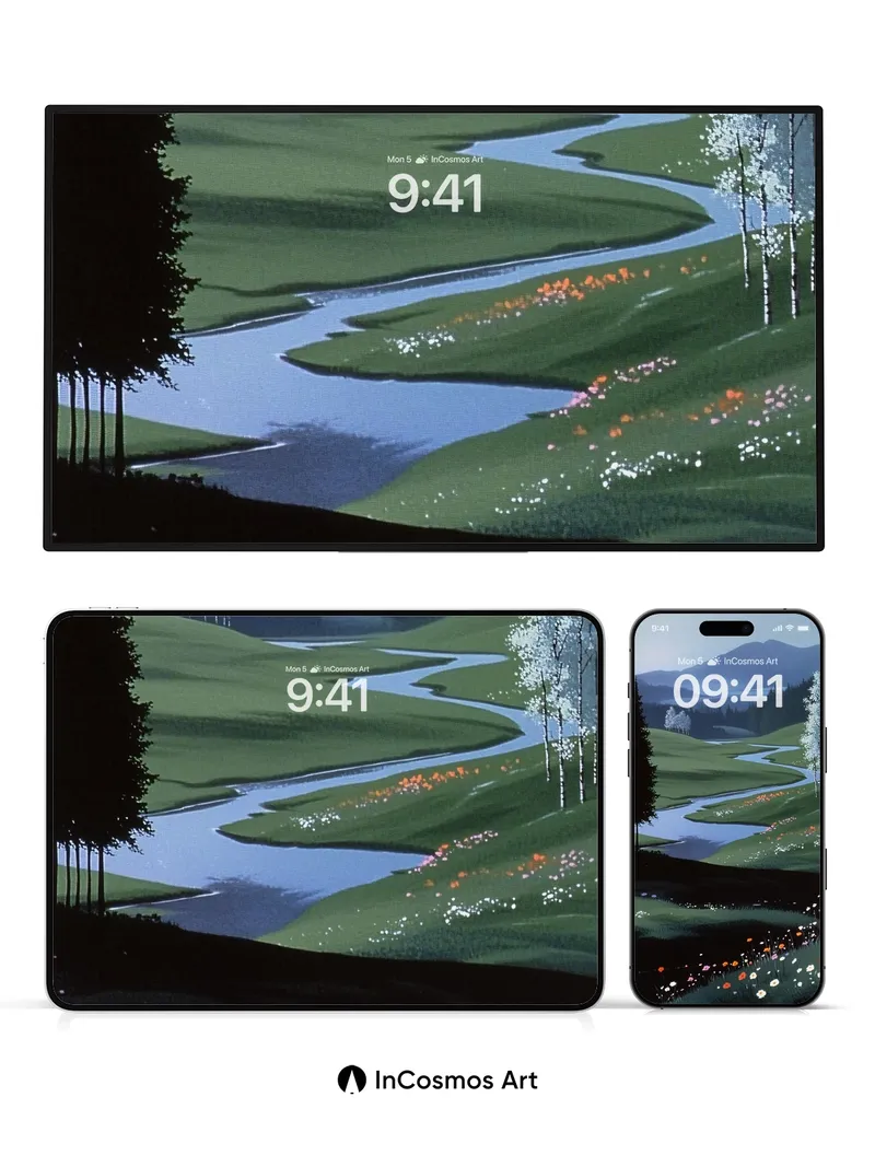 Serenity River Wallpaper with Whispering Pines