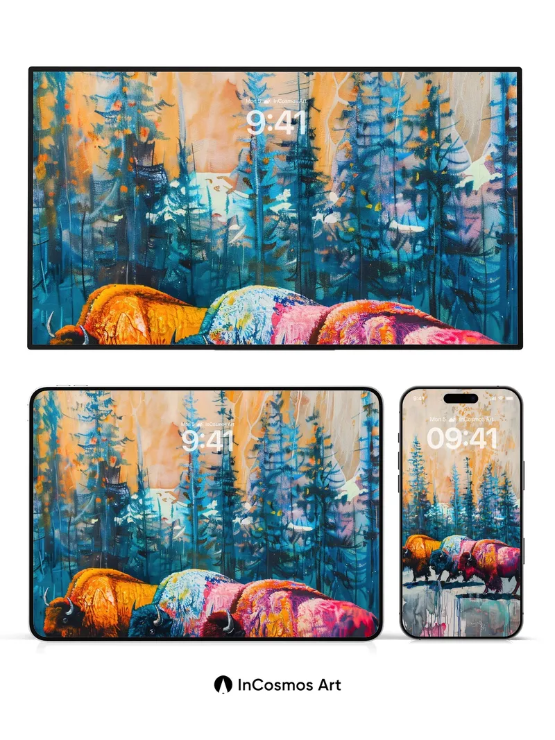 Chromatic Wilderness Wallpaper with Bison Reflections