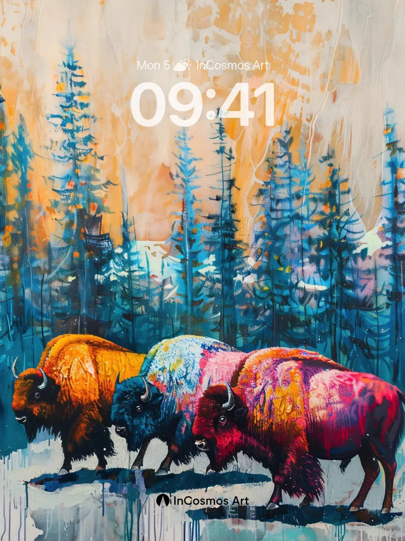 Chromatic Wilderness Wallpaper with Bison Reflections