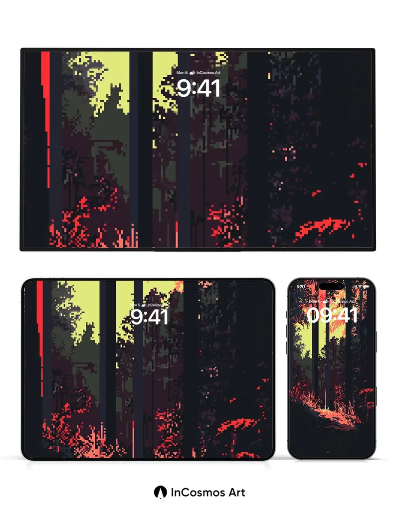 Crimson Whisper Wallpaper with Pixel Forest Path