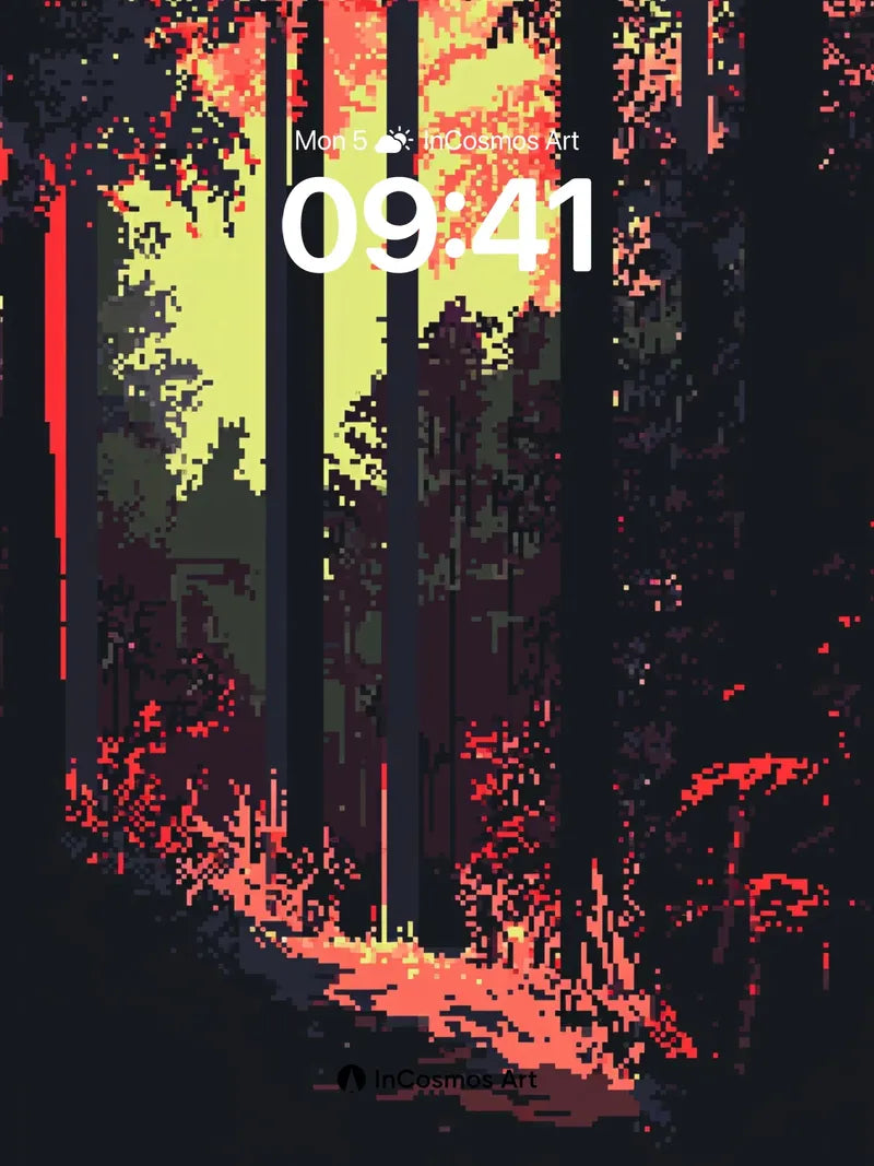 Crimson Whisper Wallpaper with Pixel Forest Path