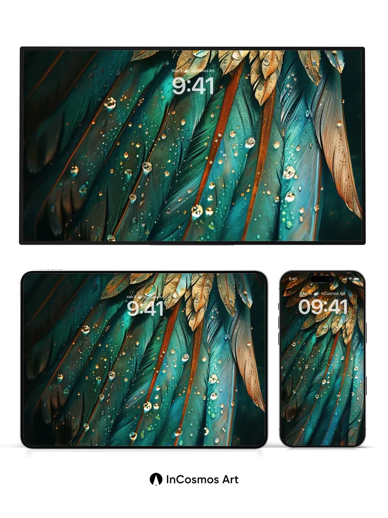 Emerald Feather Wallpaper with Dewdrop Whispers