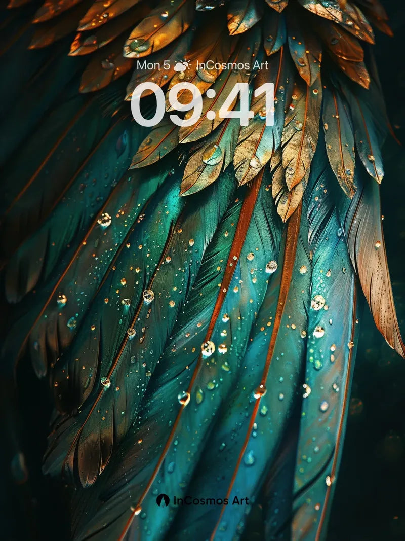 Emerald Feather Wallpaper with Dewdrop Whispers