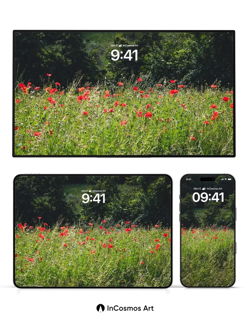 Sunlit Meadow Wallpaper with Crimson Poppies