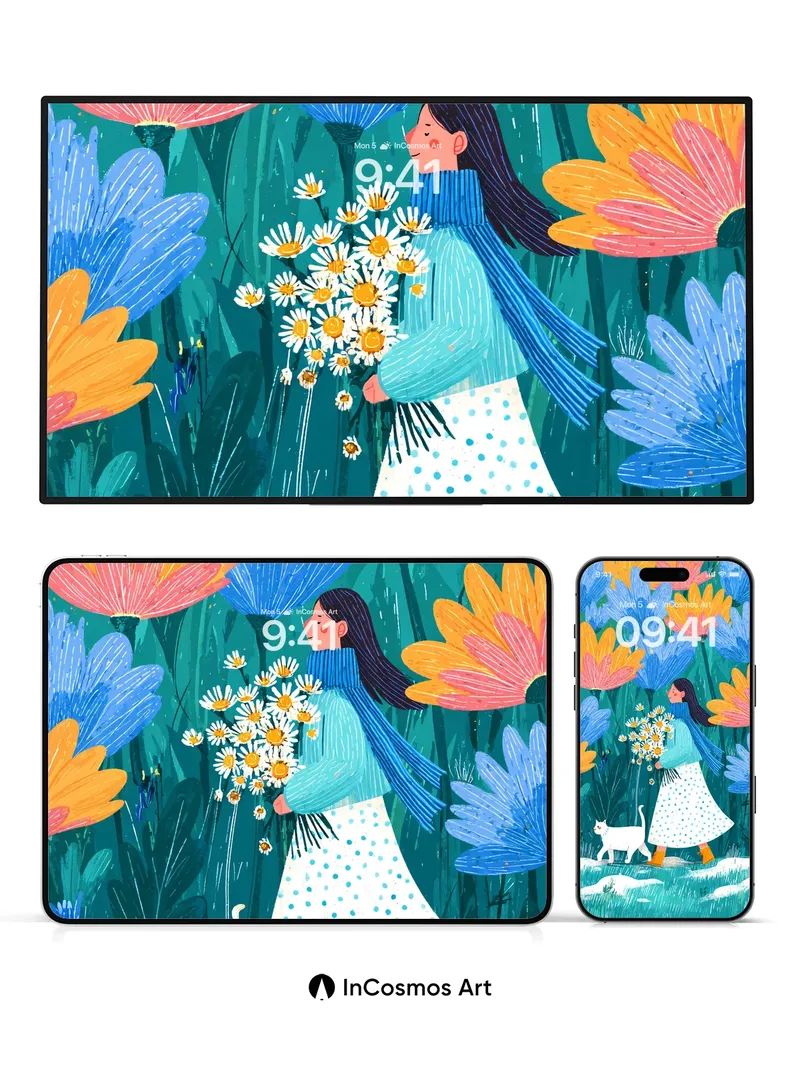 Whispering Bloom Wallpaper with Feline Companion