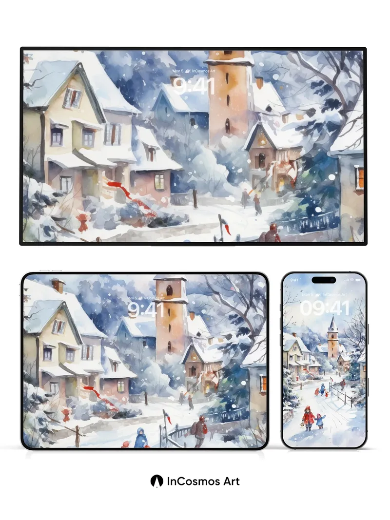 Snowfall Whispers Wallpaper with Village Light