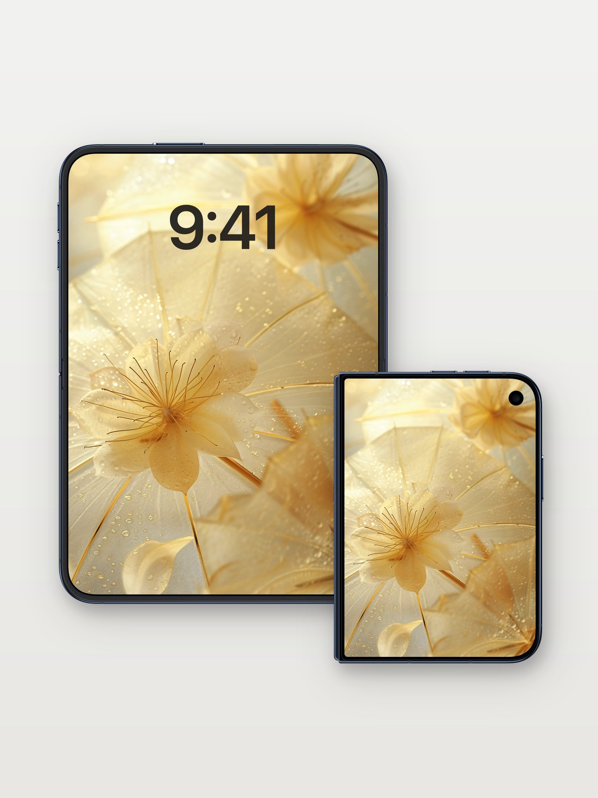 Golden Dew Wallpaper with Floating Petals on iPhone Duo, open and closed