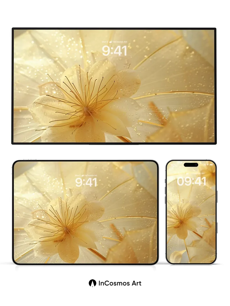 Golden Dew Wallpaper with Floating Petals