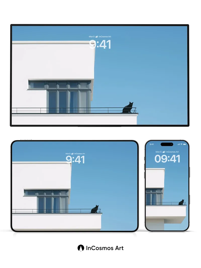 Serene Balcony Wallpaper with Silent Cat