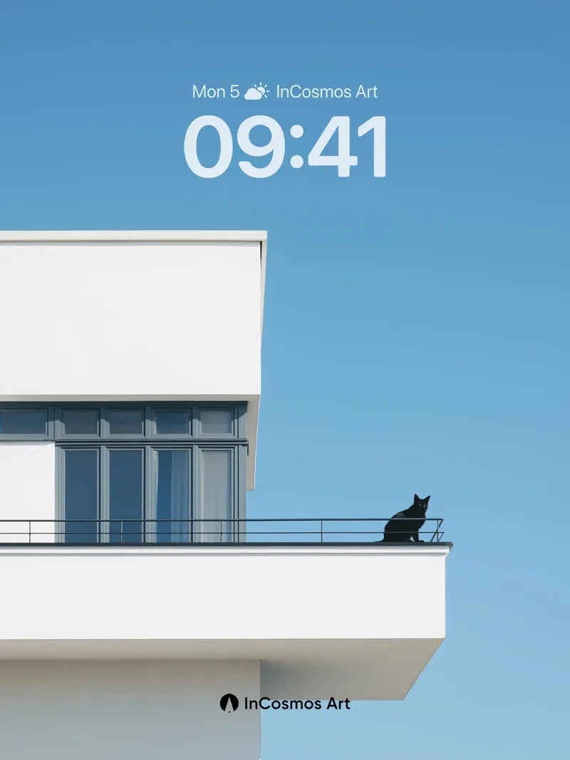 Serene Balcony Wallpaper with Silent Cat