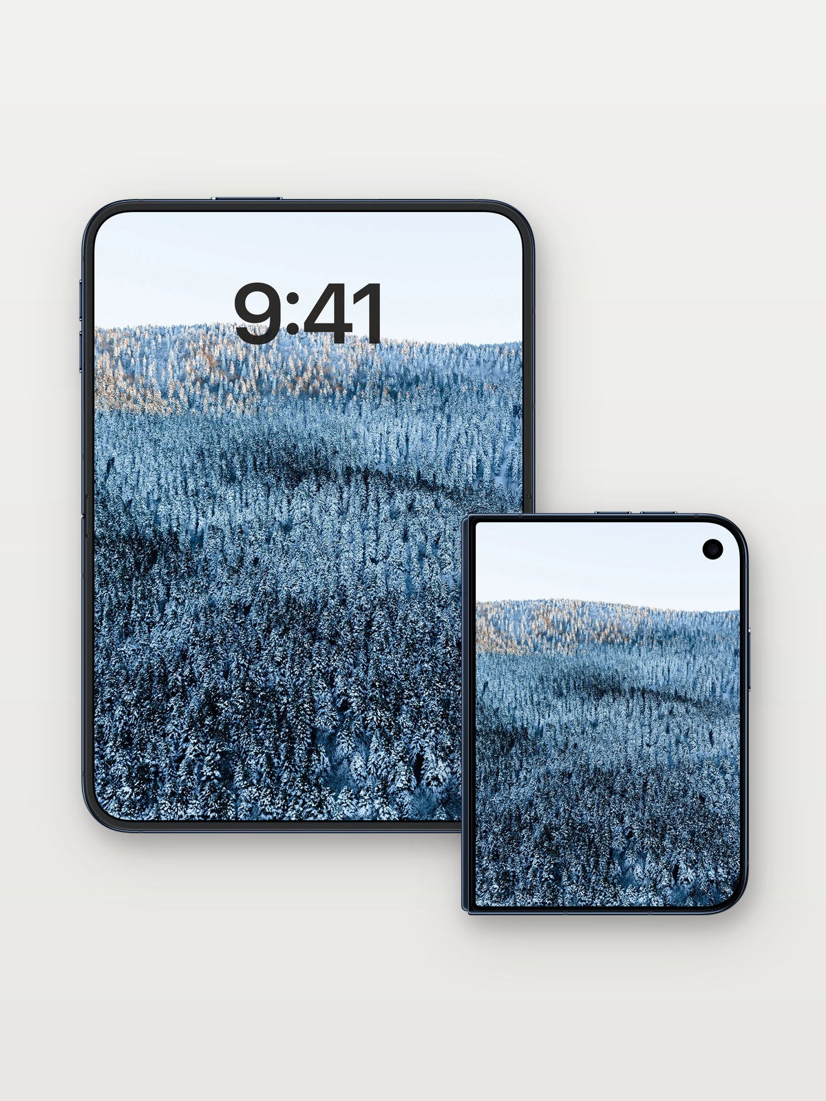 Frostbound Forest Wallpaper with Silent Snowfall on iPhone Duo, open and closed