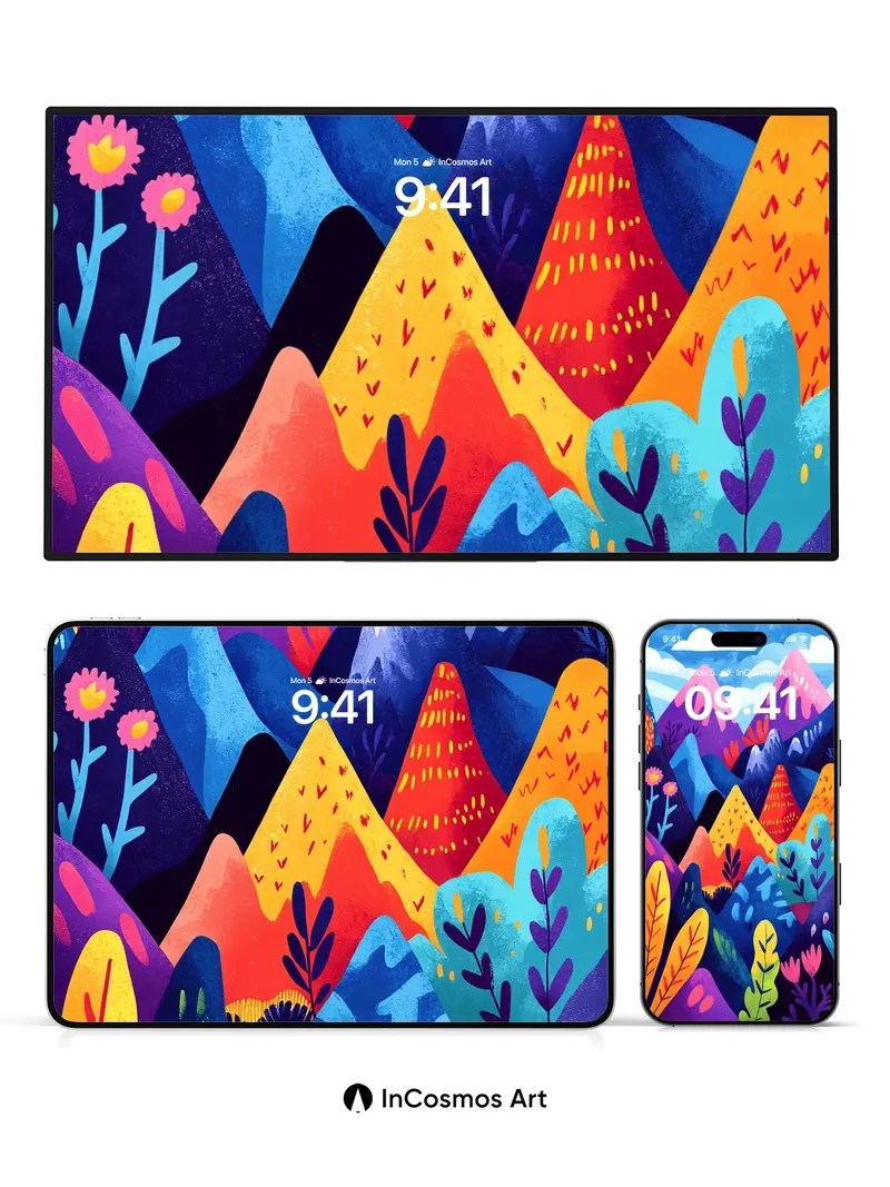 Vibrant Peaks Wallpaper with Whimsical Flora