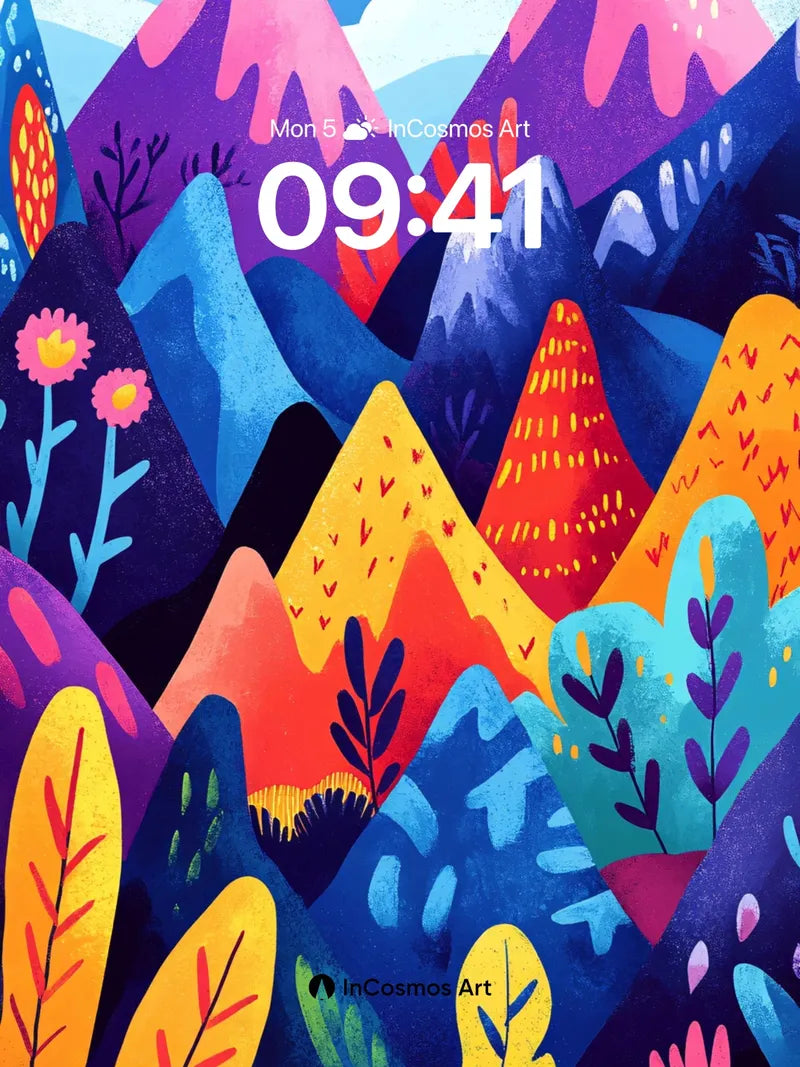Vibrant Peaks Wallpaper with Whimsical Flora