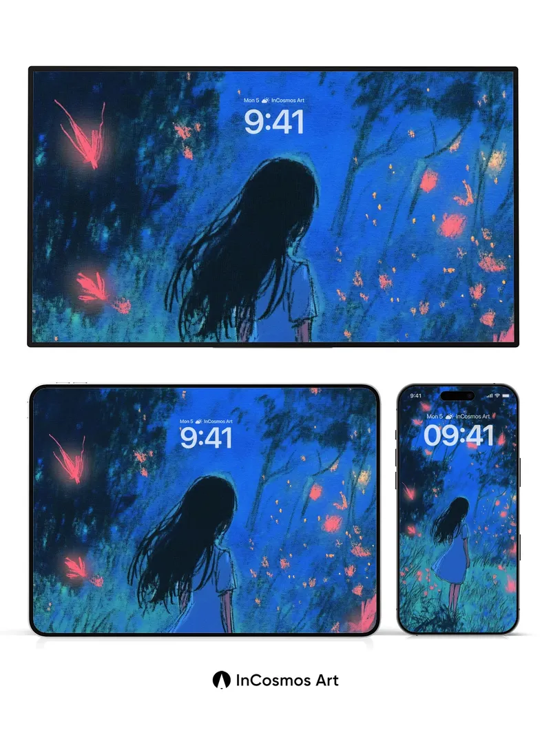 Luminous Forest Wallpaper with Floating Embers