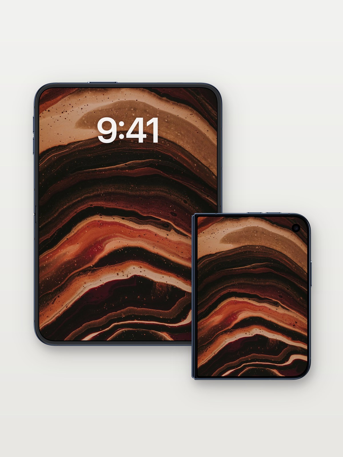 Crimson Veil Wallpaper with Marbled Depth on iPhone Duo, open and closed