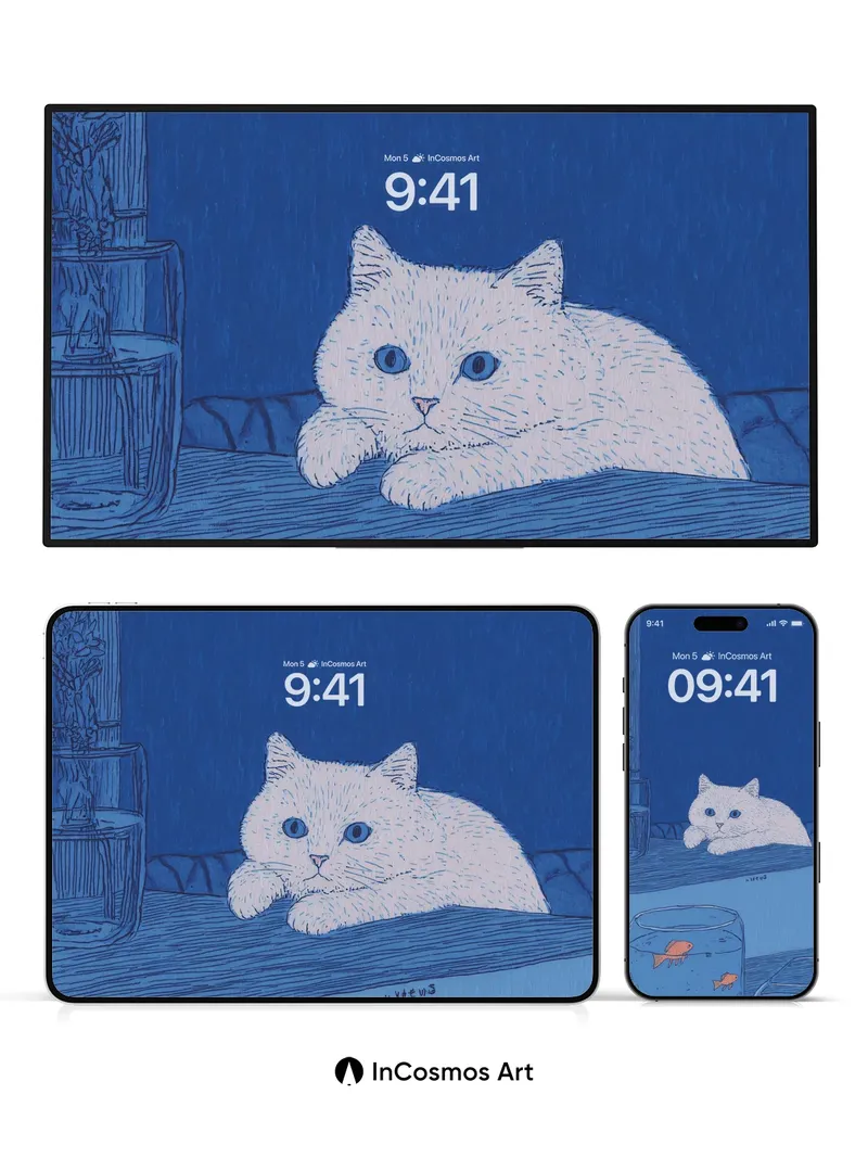 Blue Hush Wallpaper with Feline Gaze