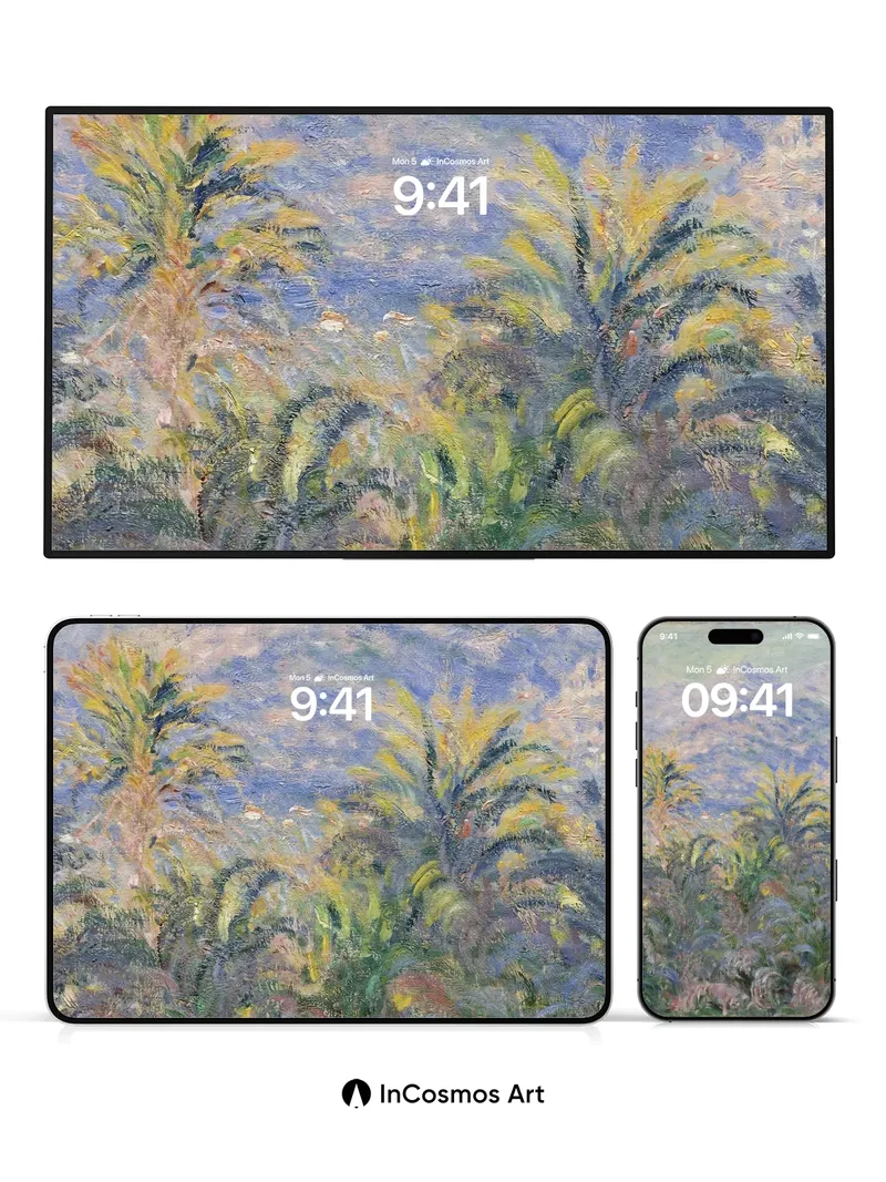 Misty Palm Reverie Wallpaper with Distant Peaks