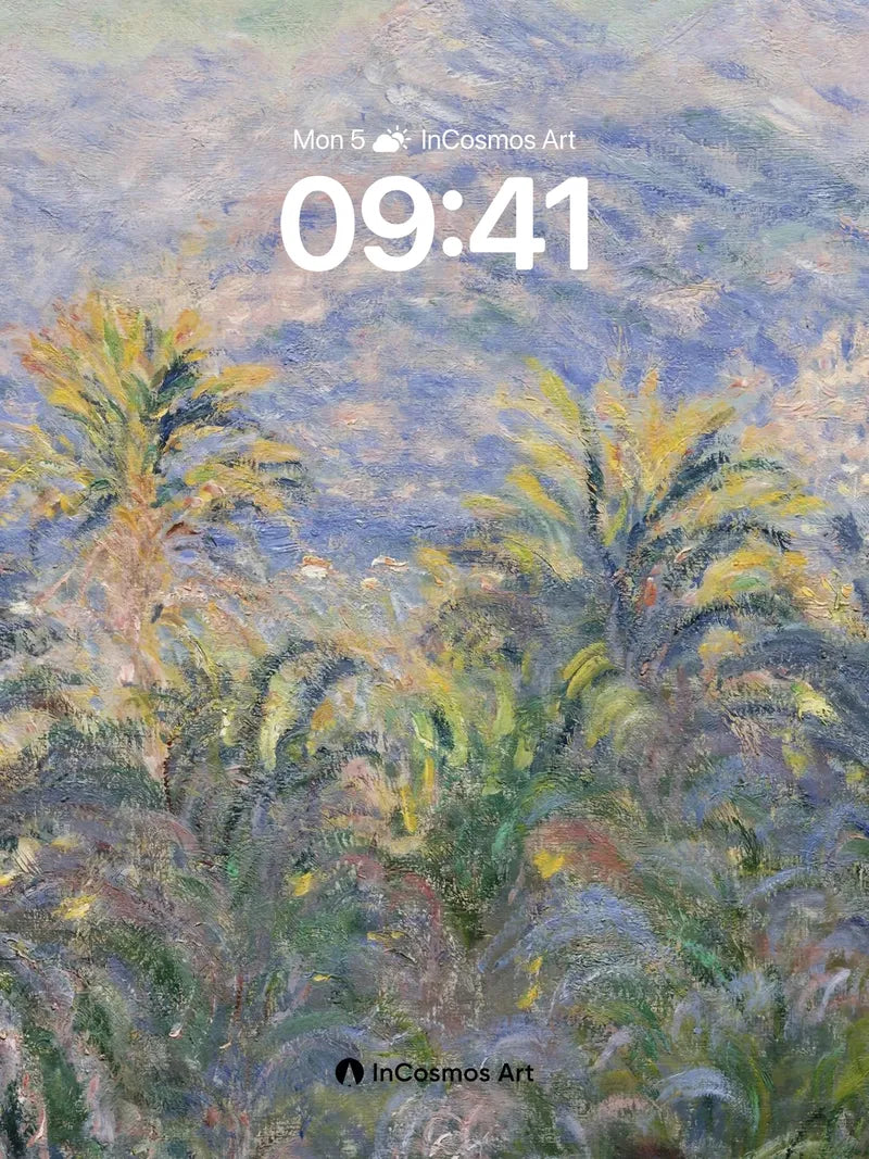 Misty Palm Reverie Wallpaper with Distant Peaks