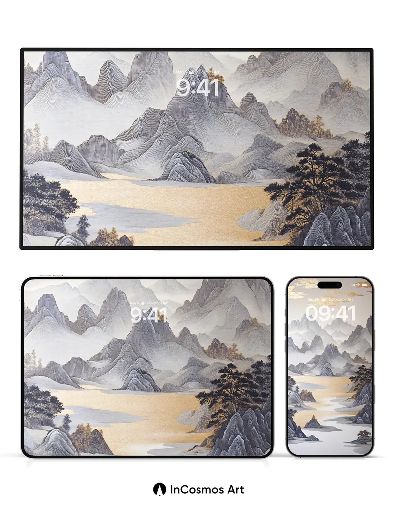 Serenity Peak Wallpaper with Golden River Veil