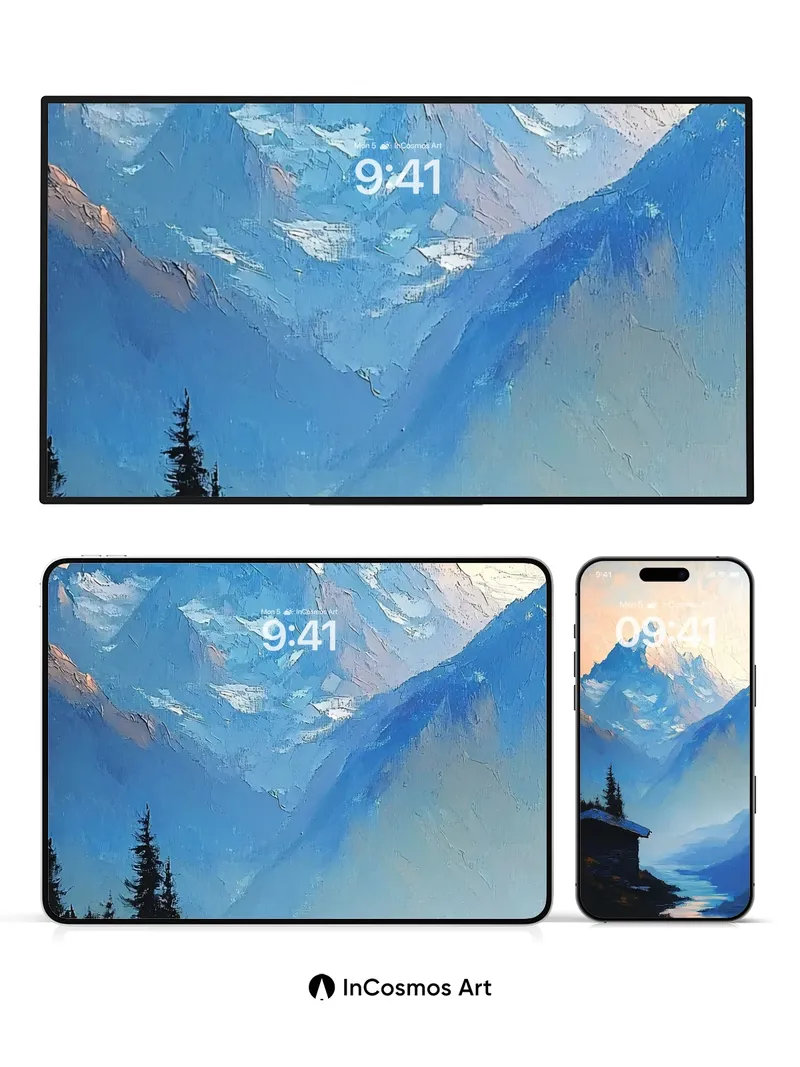 Cerulean Silence Wallpaper with Snow-Crowned Peaks