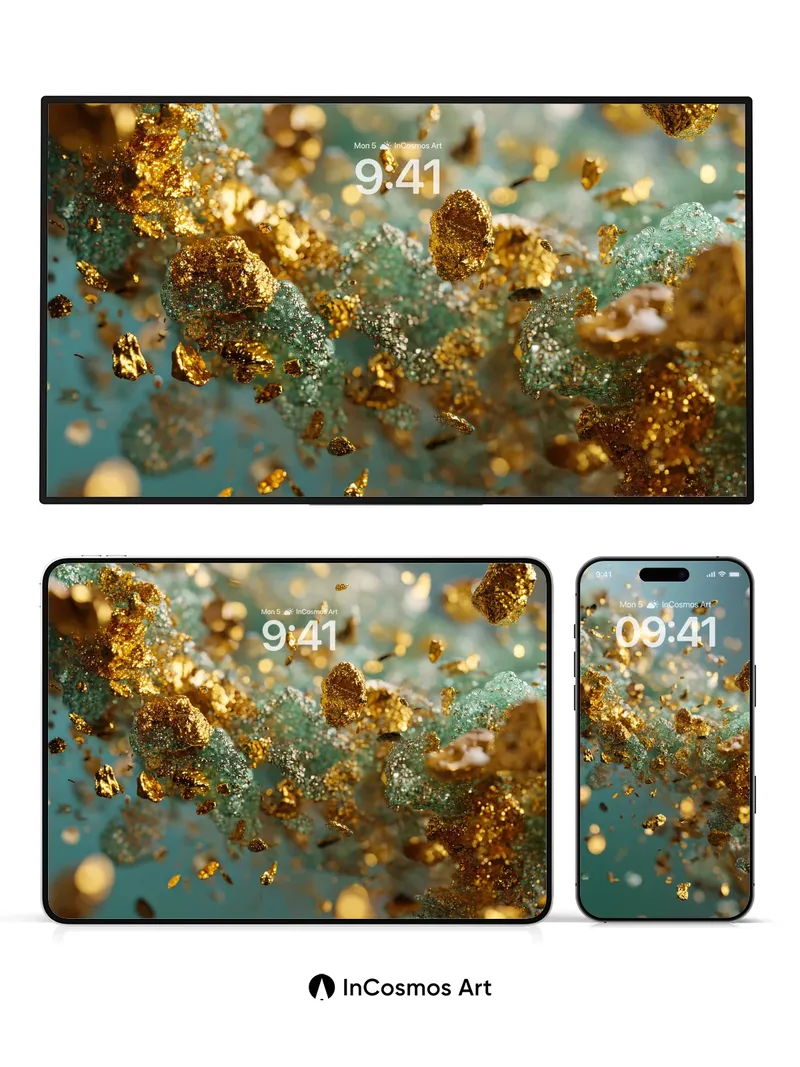 Golden Dust Mirage Wallpaper with Floating Crystals