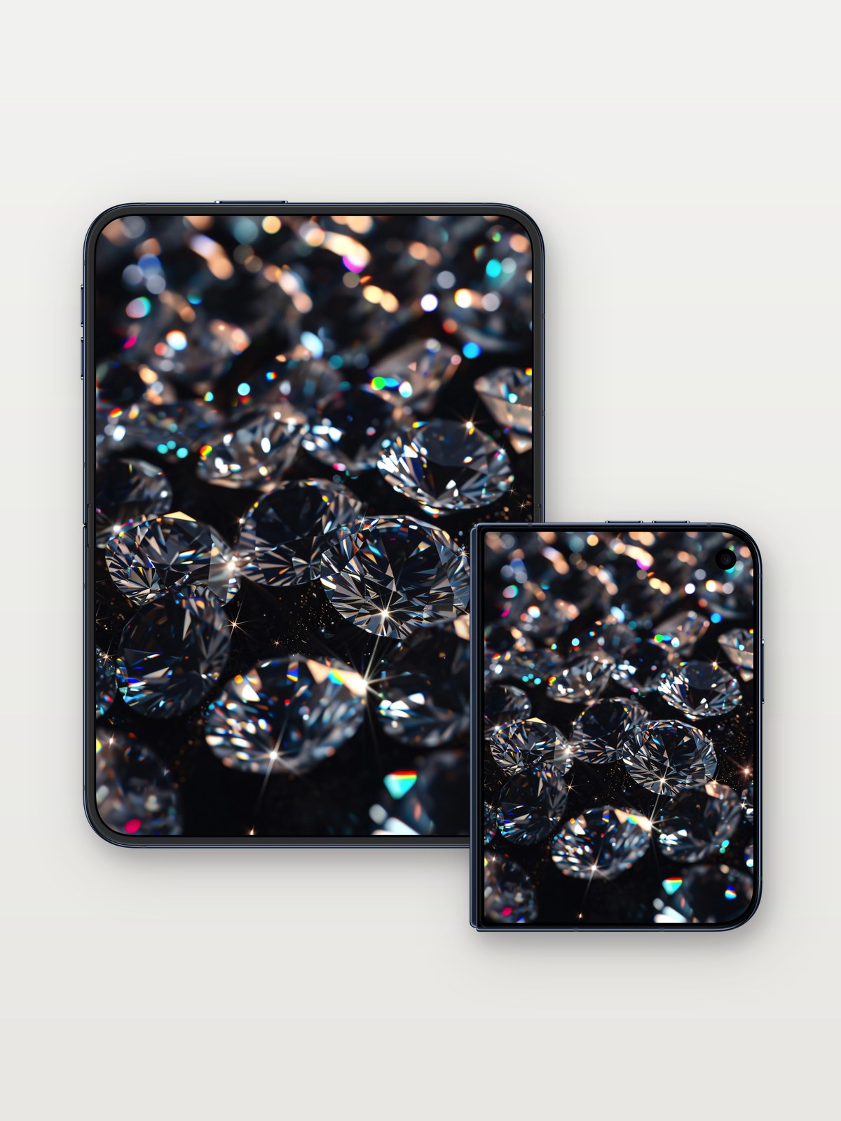 Cosmic Crystal Wallpaper with Starlight Fractures on iPhone Duo, open and closed