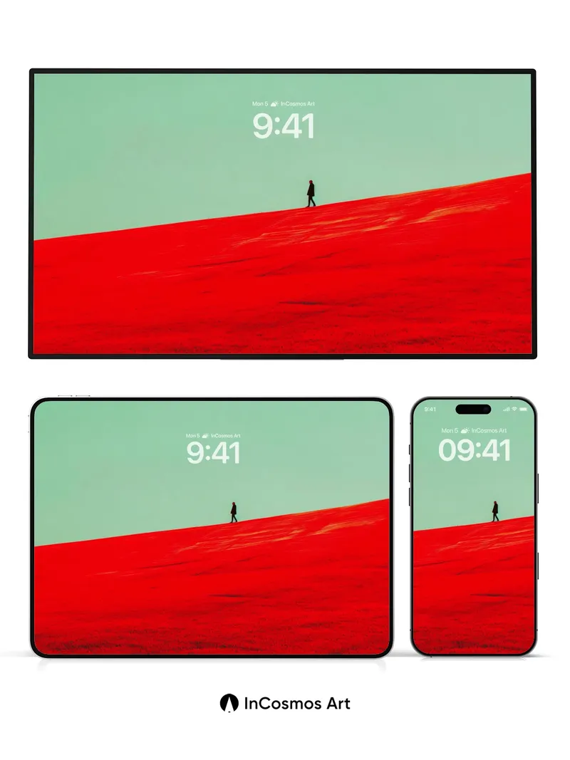 Surreal Crimson Slope Wallpaper with Solitary Walker