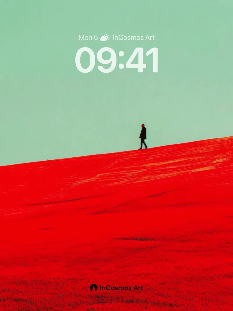 Surreal Crimson Slope Wallpaper with Solitary Walker