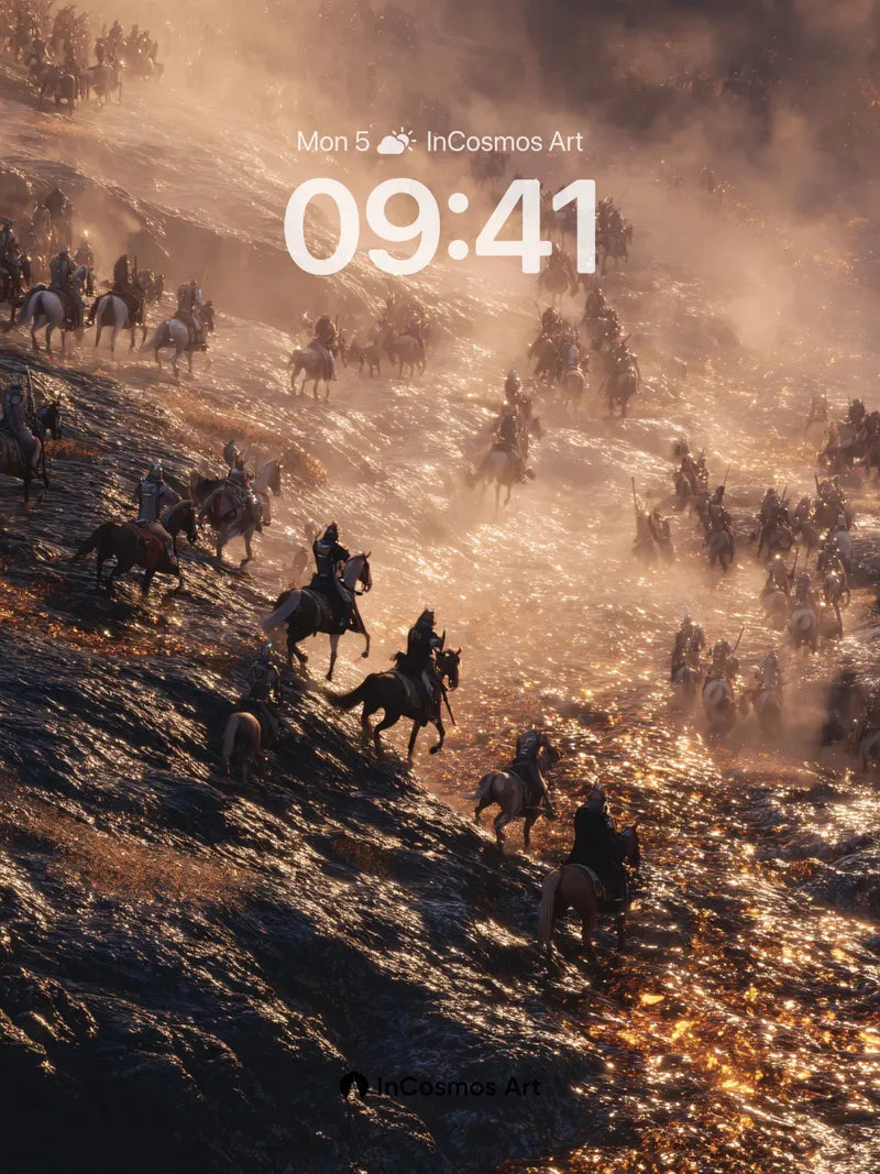 Dust-veiled Cavalry Wallpaper with Golden Light Trails