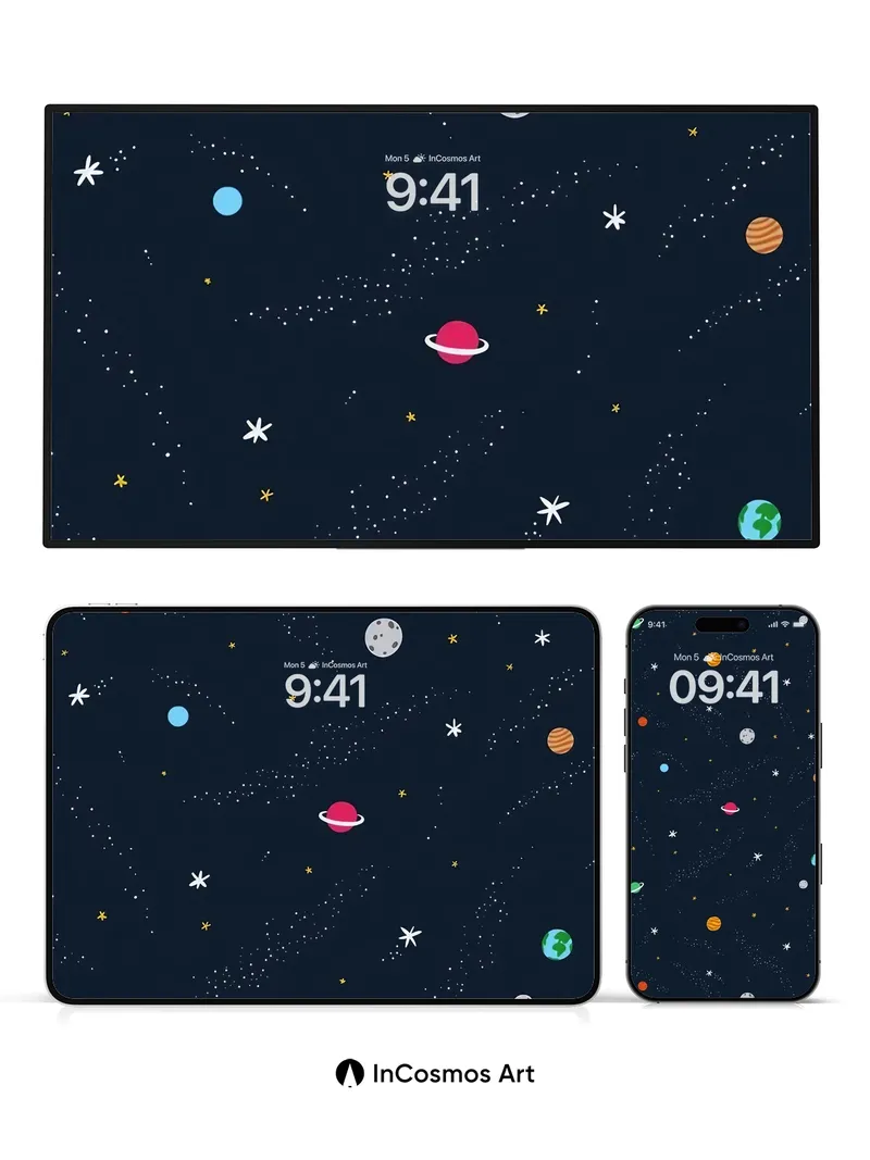 Whimsical Cosmos Wallpaper with Playful Planets