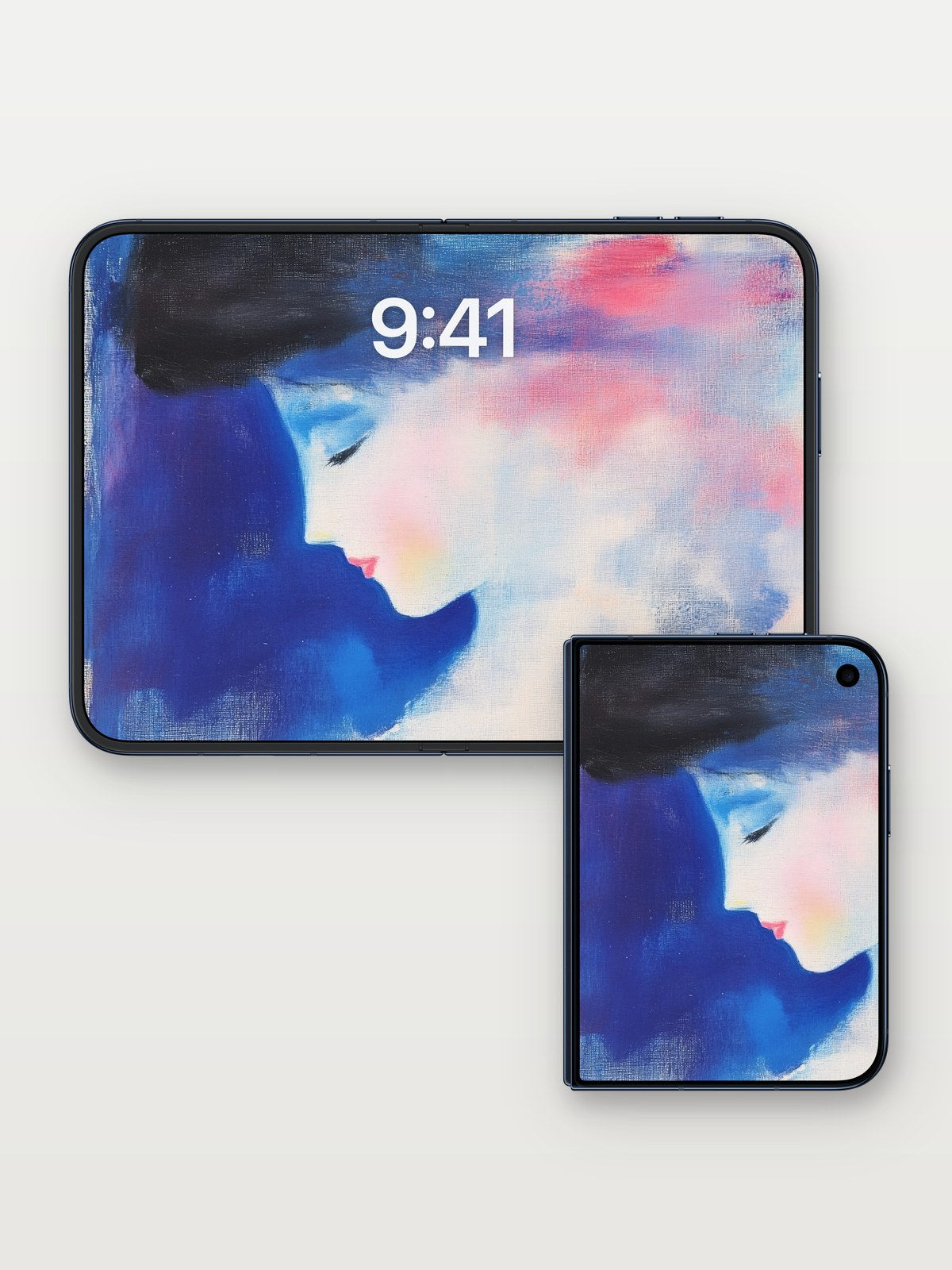 Serenity in Blue Hues Wallpaper with Ethereal Shadows on iPhone Duo, open and closed
