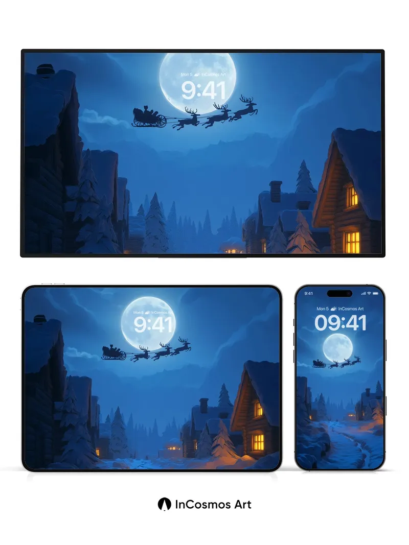Moonlit Flight Wallpaper with Reindeer Silhouettes