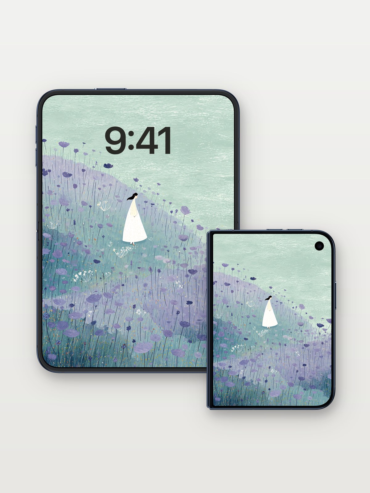 Lavender Mist Wallpaper with Soft Petals on iPhone Duo, open and closed
