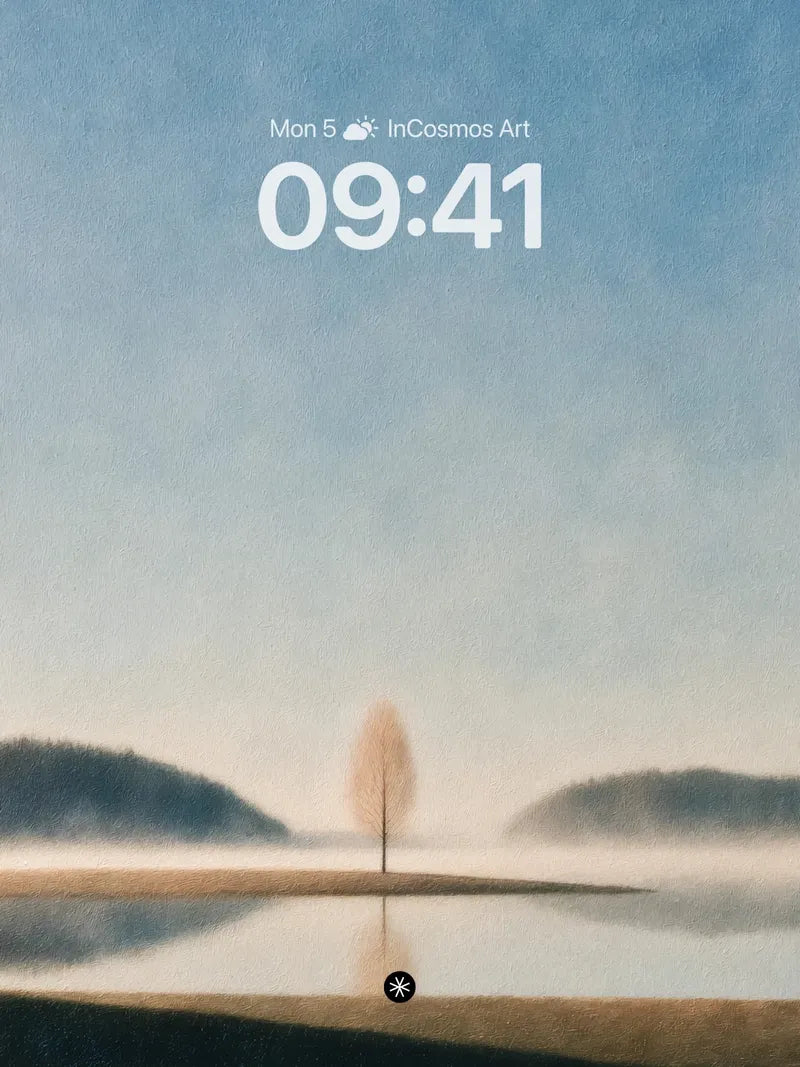 Serene Solitude Tree Reflection Wallpaper in Misty Haze wallpaper for iPhone, iPad & Mac